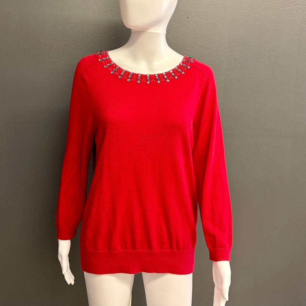 Preston & York Women's L Red Jeweled Rhinestone Embellished Cotton Blend Sweater